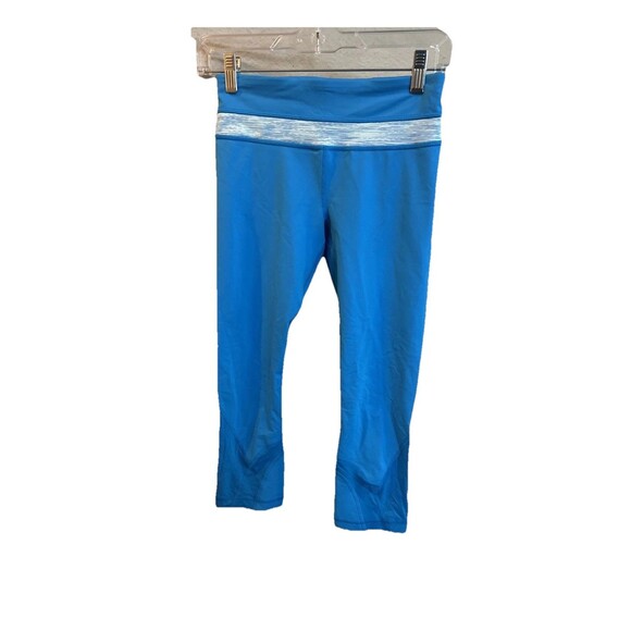 Lululemon Athletica Neon Blue Grey Detail Crop Leggings Zipper Back Pocket Sz 4, - Picture 2 of 8